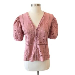 Eyelet Puff Sleeve Blouse Boho Feminine Liv Los Angeles Blush Mauve Pink